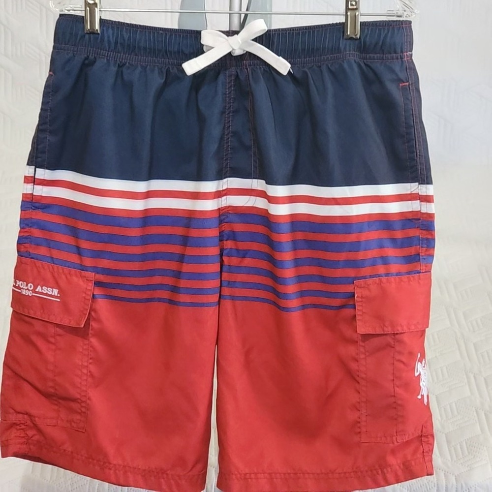 POLO Shorts Trunks Swim Men Red White Blue Striped  Lined Elastic Waist Sporty L